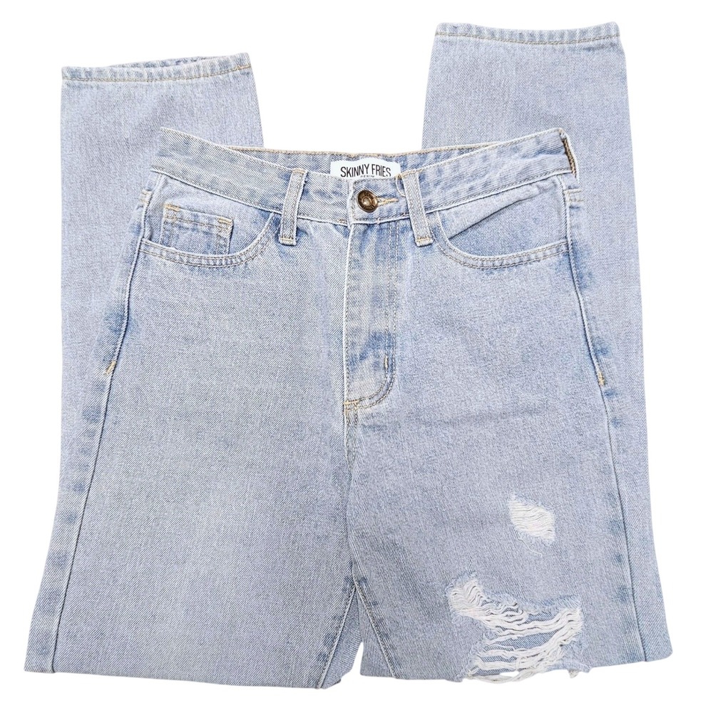 Skinny Fries Light Wash Distressed High Rise Mom Jeans Blue Denim 26